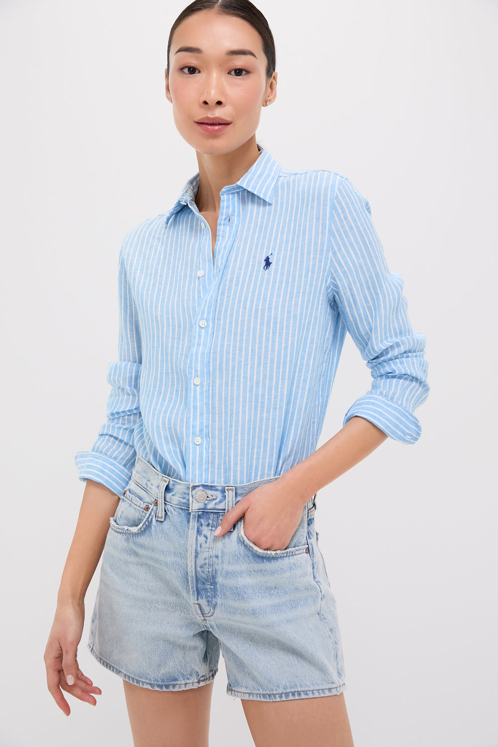 Light Blue and White Linen Long Sleeve Button Front Shirt