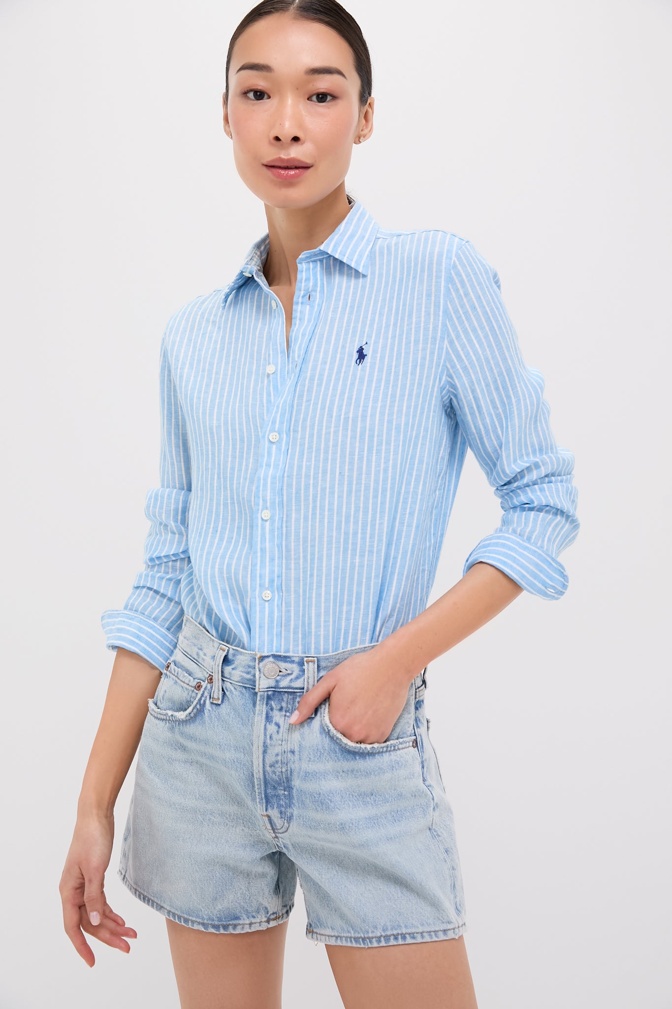 Light Blue and White Linen Long Sleeve Button Front Shirt