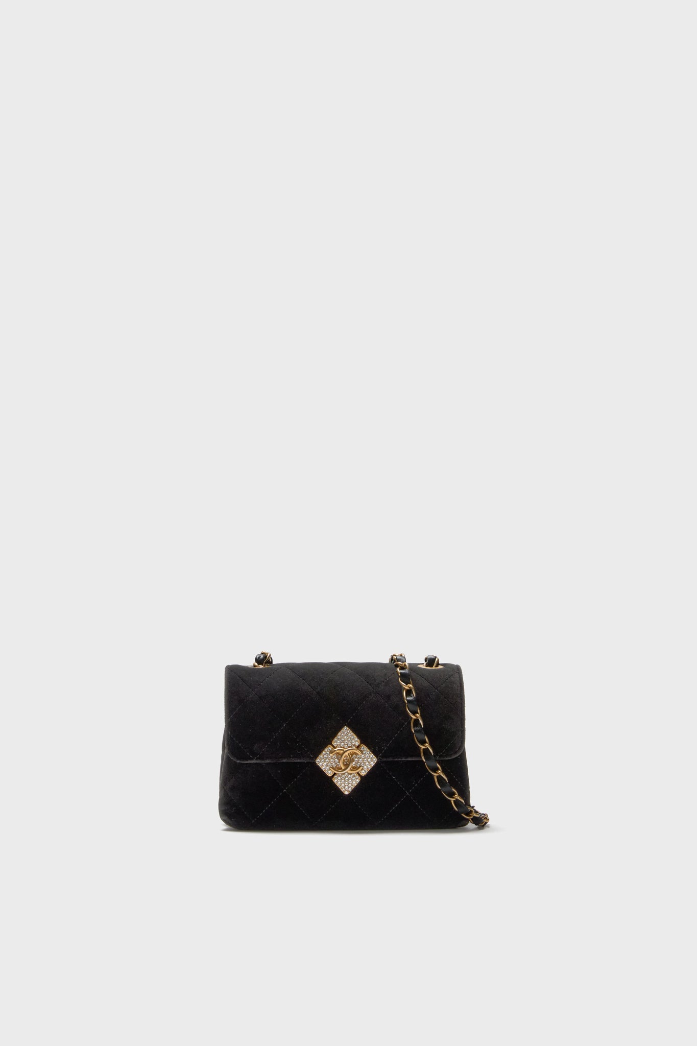 CHANEL Black Quilted Velvet With Crystals Mini Diamond Lock CC Flap Bag