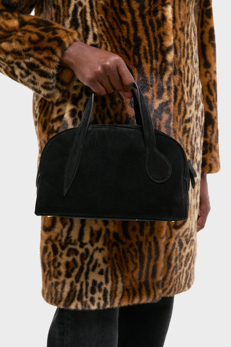 Classic Black Suede Mini Bowling Bag with sprout handles and gold-tone hardware, exuding effortless style. Perfect for fun, high-end street style with a detachable strap.