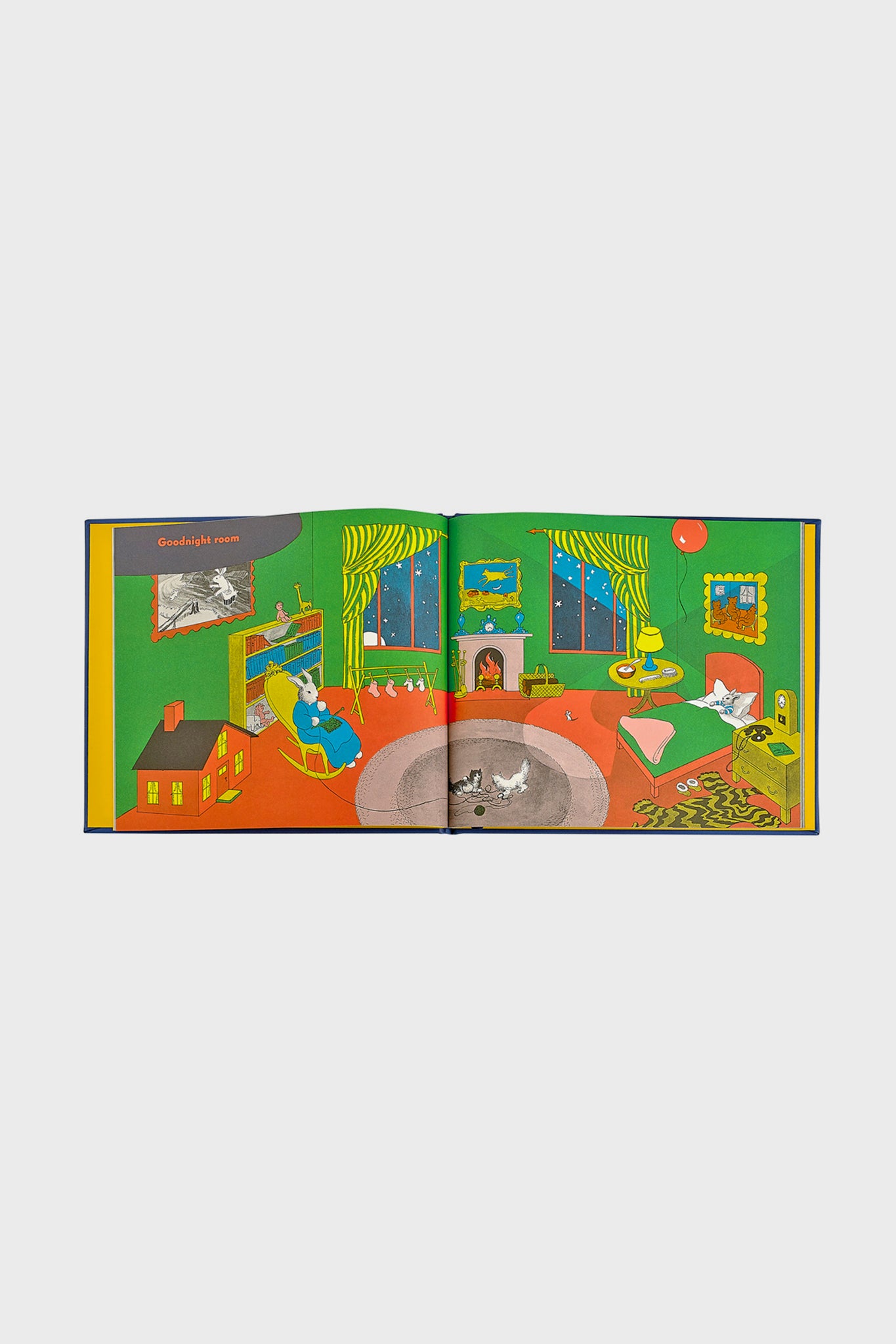 Goodnight Moon spread: a classic, cozy bedtime scene with playful kittens, a tucked-in rabbit, and glowing lamp, epitomizing effortless, high-end charm for delightful, fun storytelling.