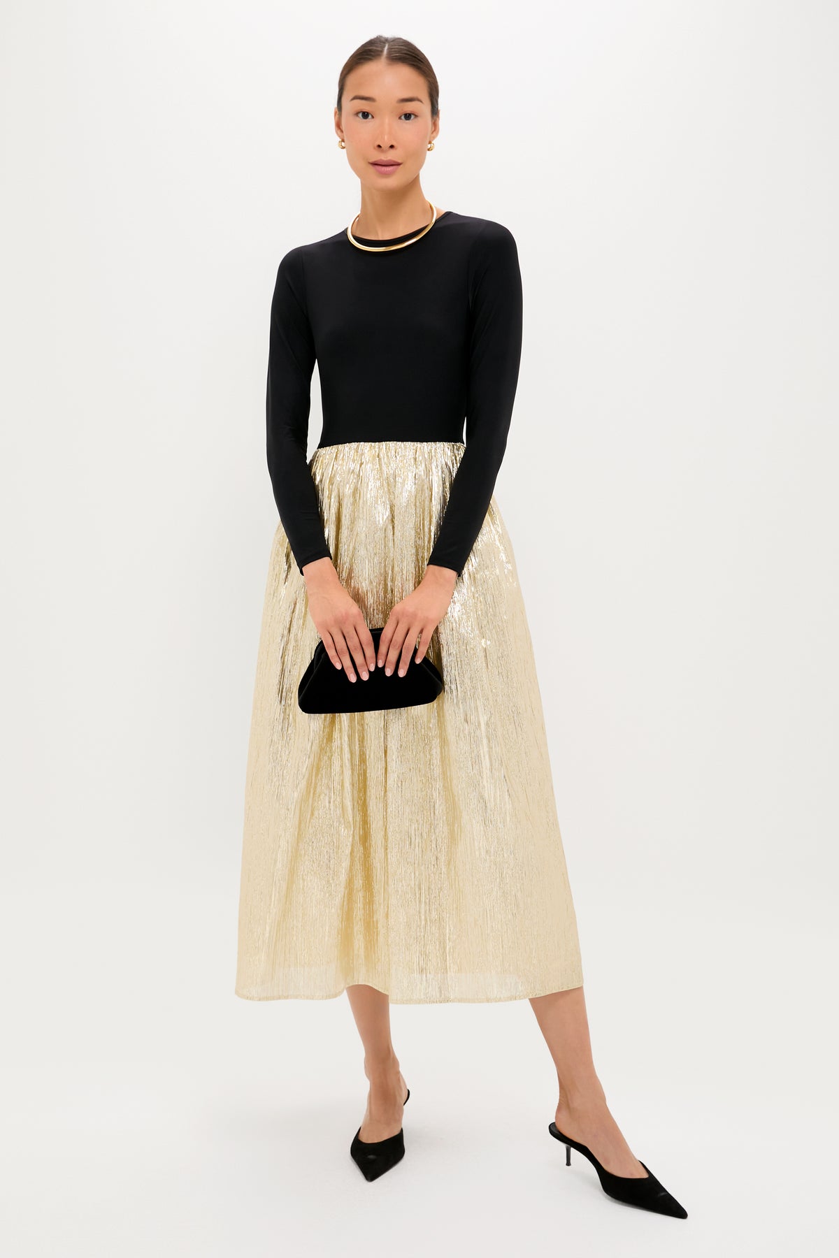Gold Plisse & Black Mixed Media Schuyler Maxi Dress