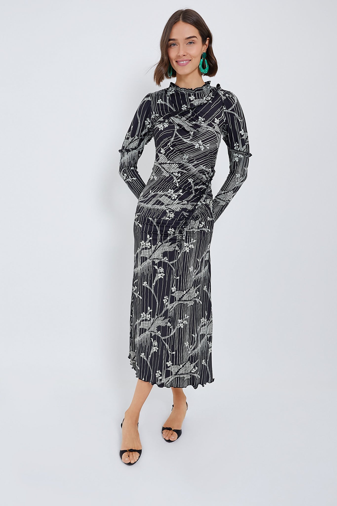 Black Sunniva Print Ruffle Detail Long Sleeve Dress | Sea New York