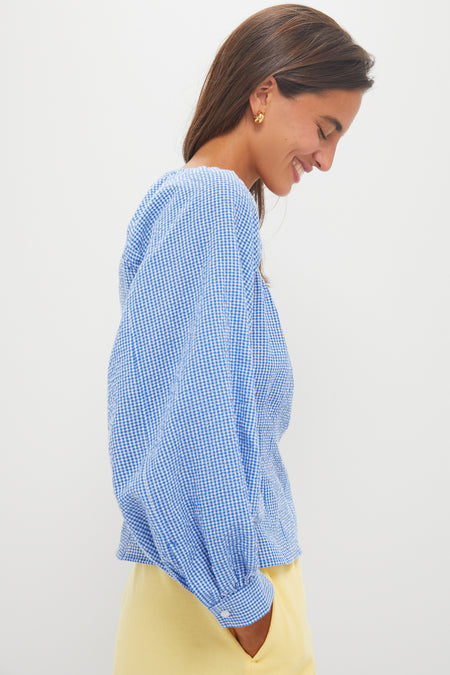 Blue and White Gingham Seersucker Quinn Blouse