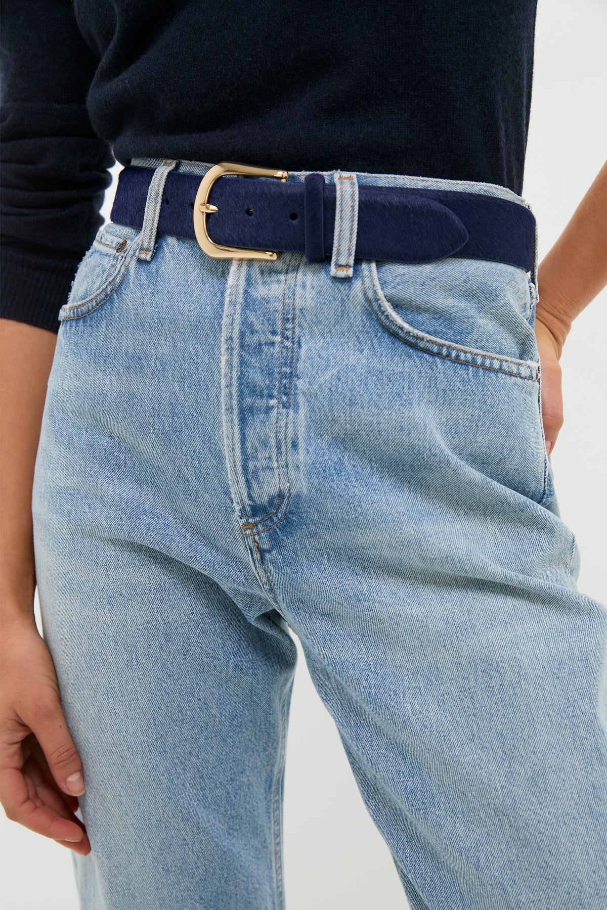 Navy Kennedy Calf-Hair Belt