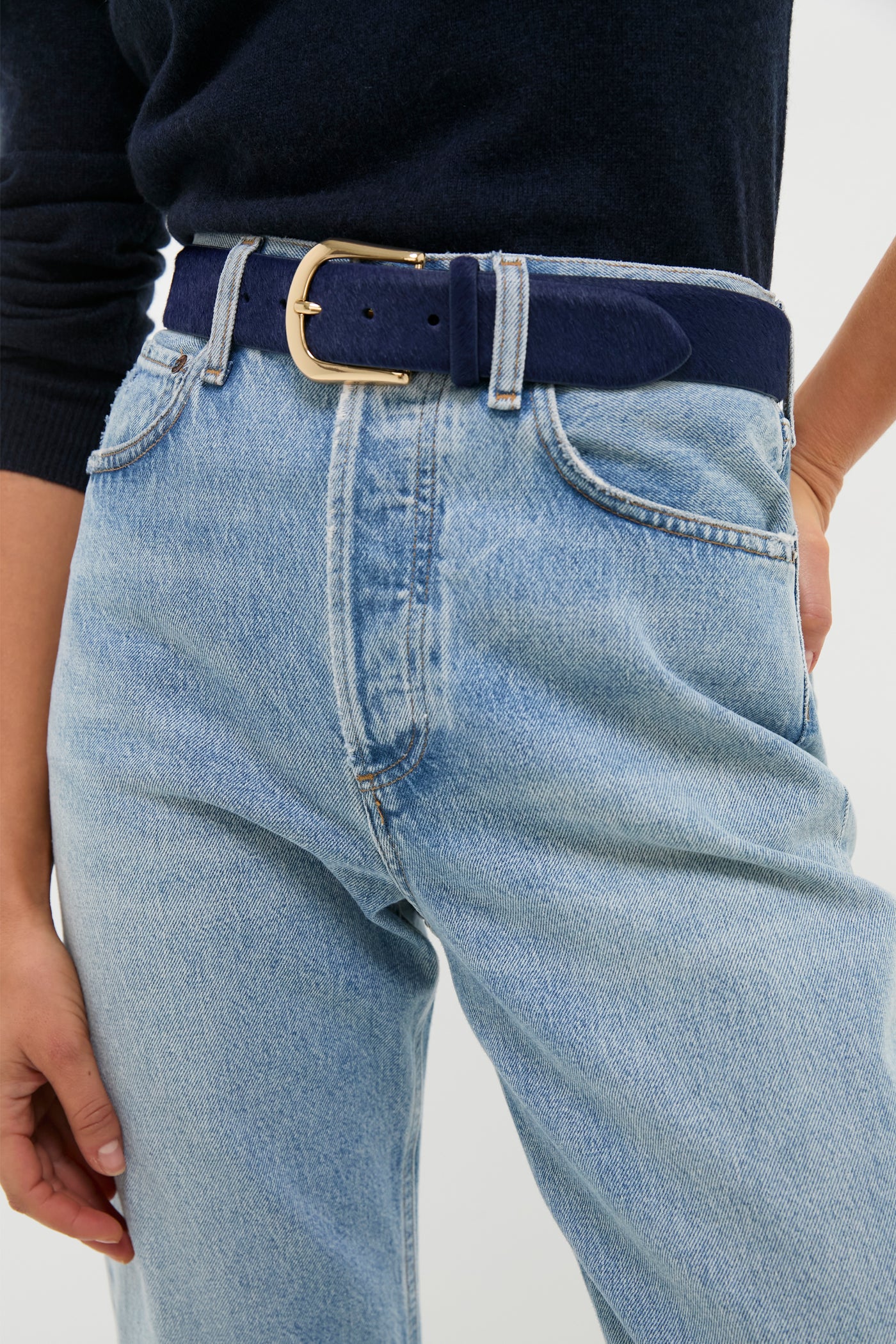 Navy Kennedy Calf-Hair Belt