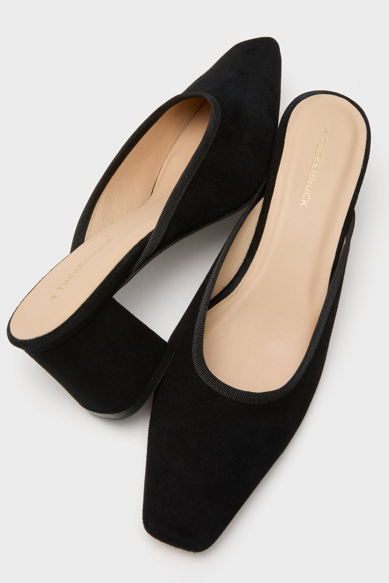Black Suede Tilda Mules, effortlessly classic with a pointed toe and low block heel. High-end European craftsmanship, perfect for a fun, confident style.