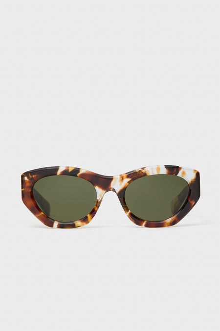 Chloe Gayia Sunglasses: brown and cream tortoiseshell cat eye frames with dark green lenses.