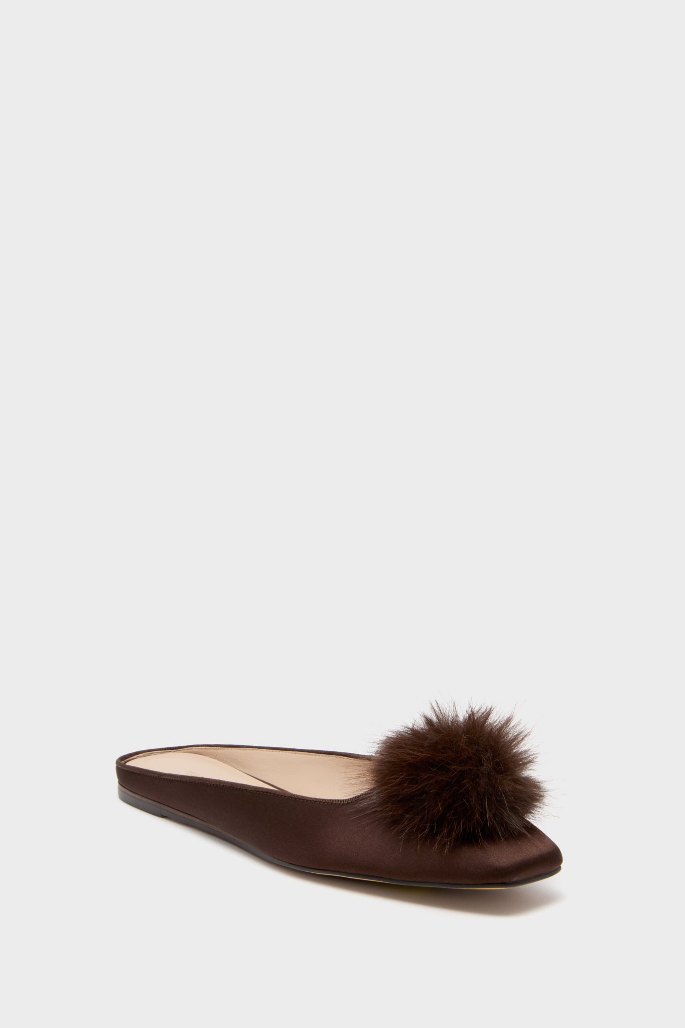 Chocolate Satin Nilli Flats with Pom Pom