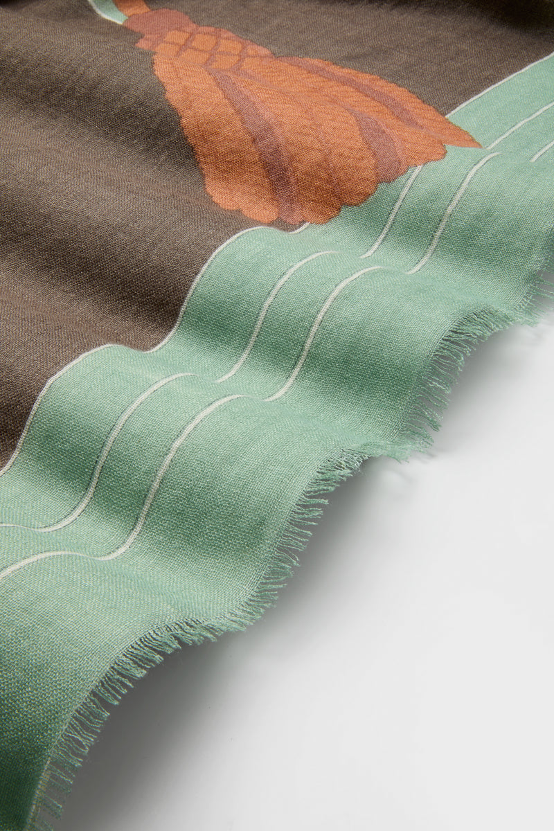 French Tassel Silk Cashmere Blend Large Scarf: A classic, effortless accessory with a mint-green border and orange graphic, perfect for fun, high-end styling versatility.