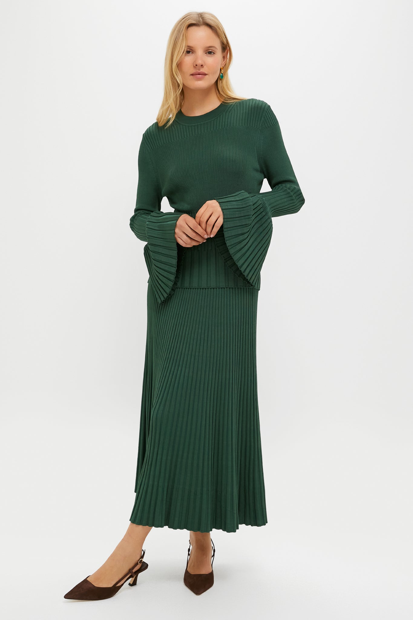 Dark Green Pleated Midi Skirt