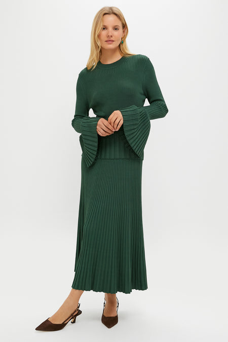 Dark Green Pleated Midi Skirt