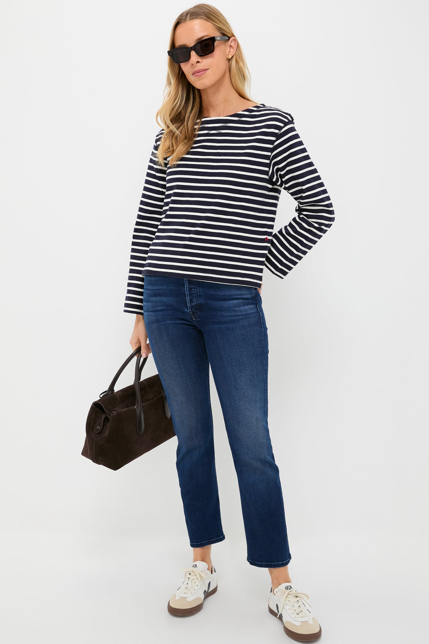 Navy and White Boat Neck Long Sleeve Shirt | Alex Mill