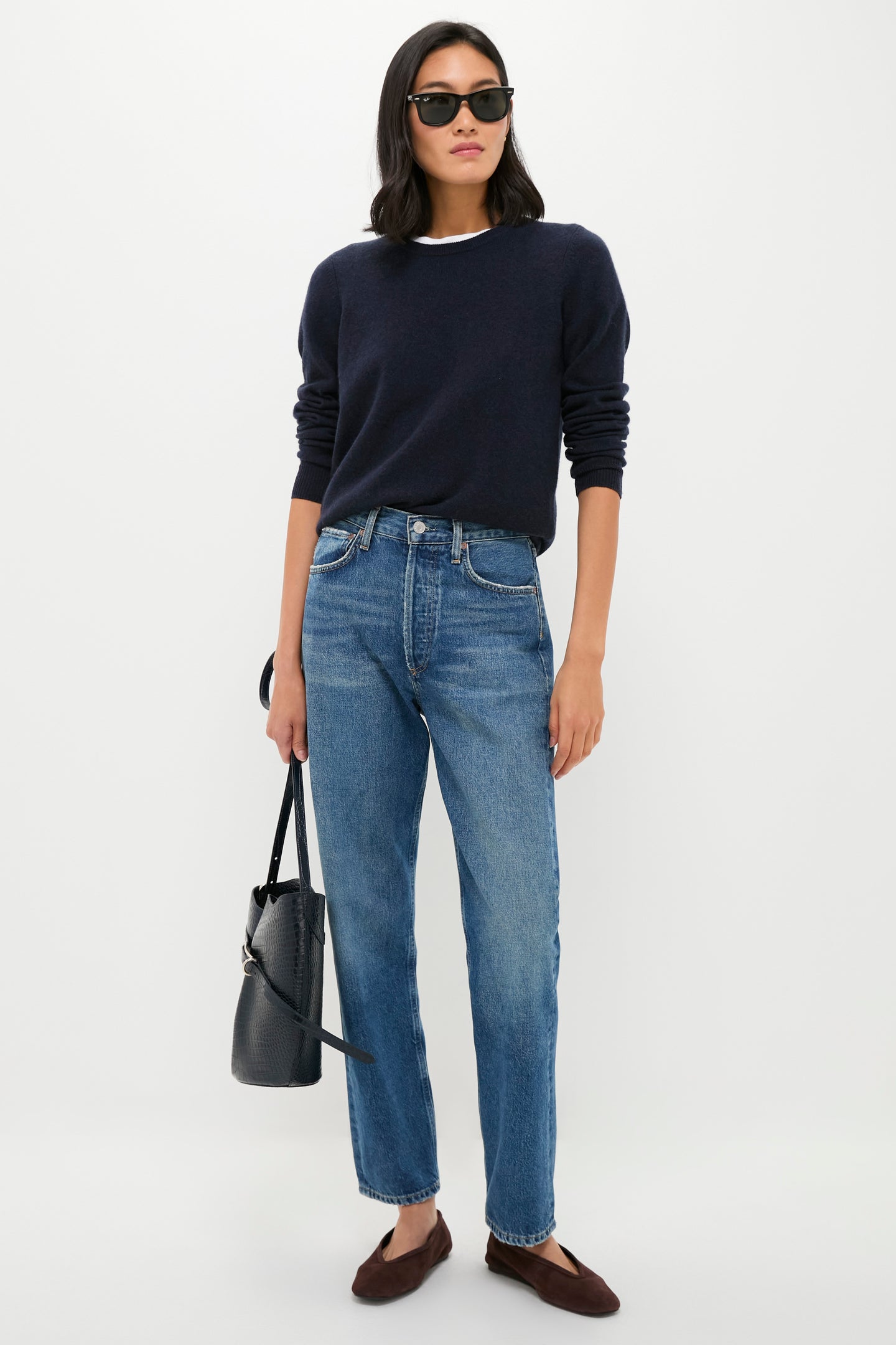 Navy Croc Embossed Belted Bucket Bag