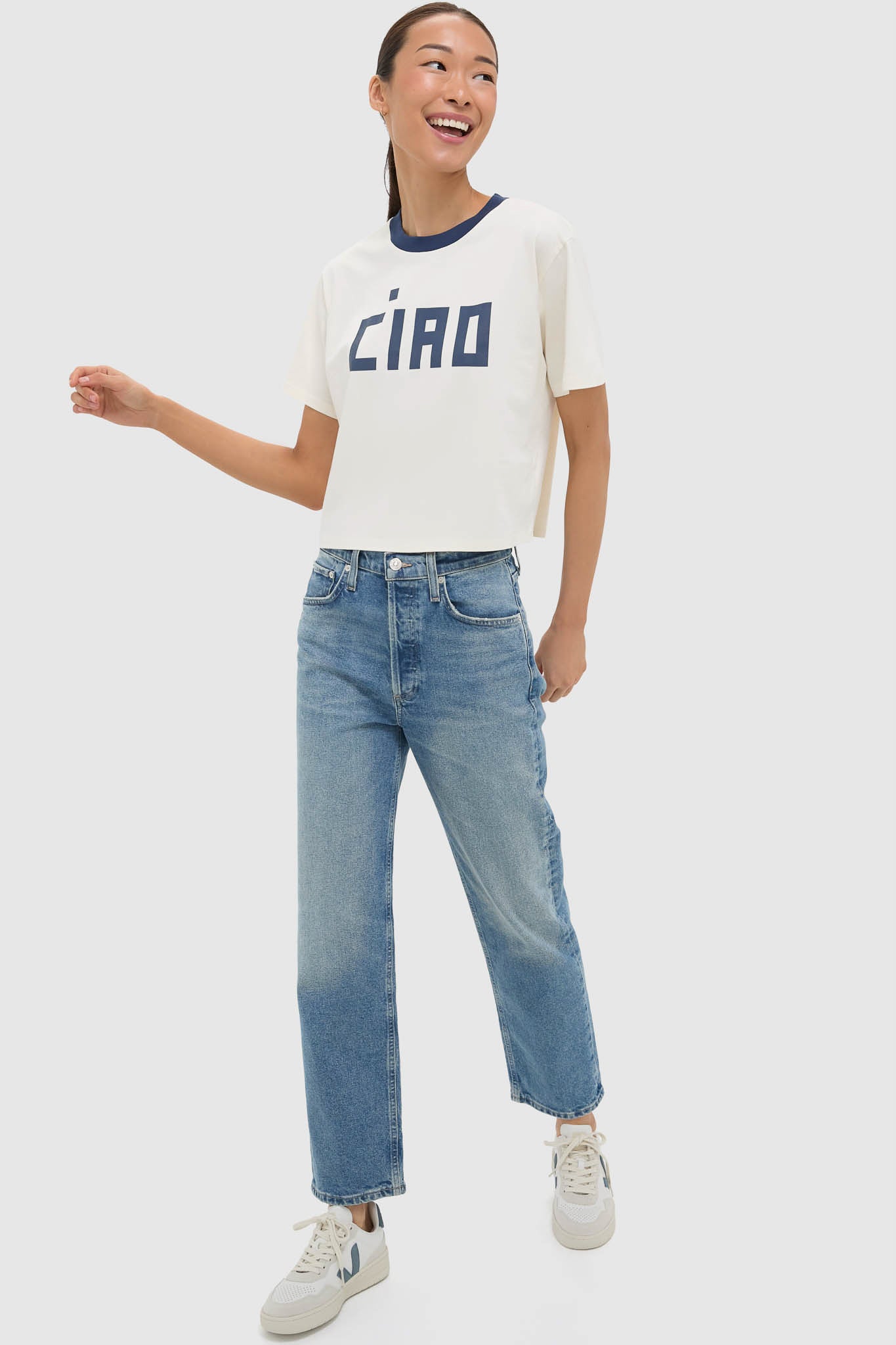 Cream and Navy Le Carre Tee