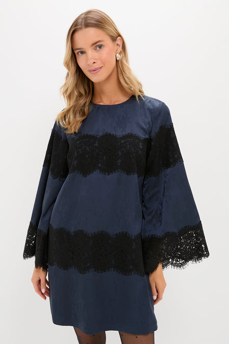 Navy Jacquard and Black Lace Camilla Dress