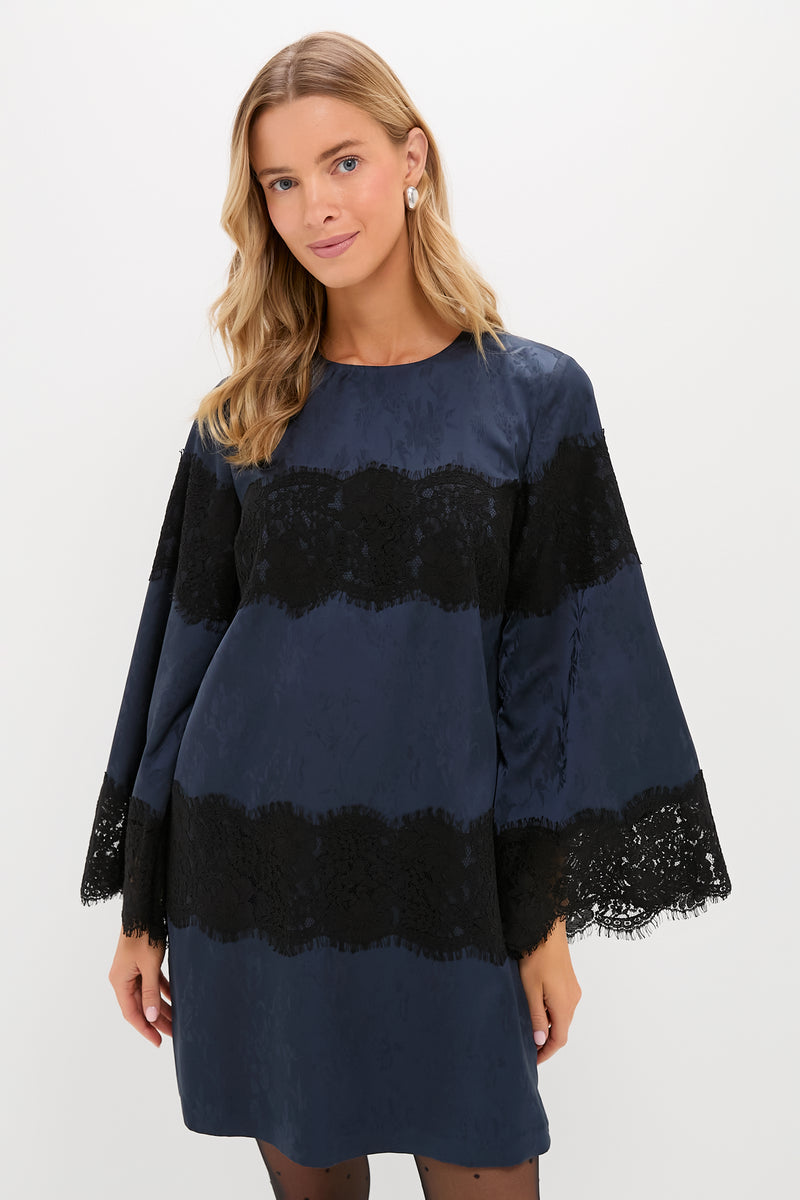 Navy Jacquard and Black Lace Camilla Dress