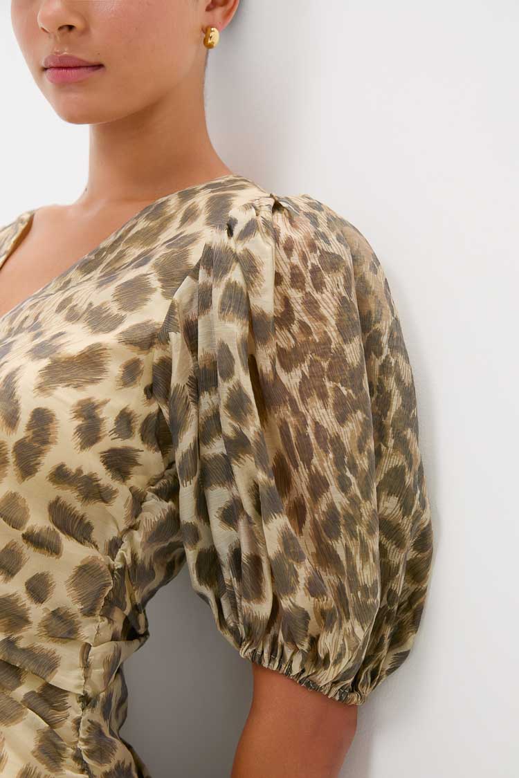 Cream Claude Print Puff Sleeve Midi Dress