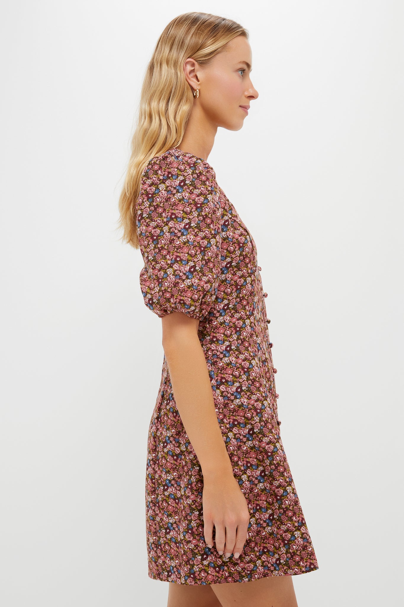 Mauve Ditsy Floral Button Front Corduroy Bryant Mini Dress