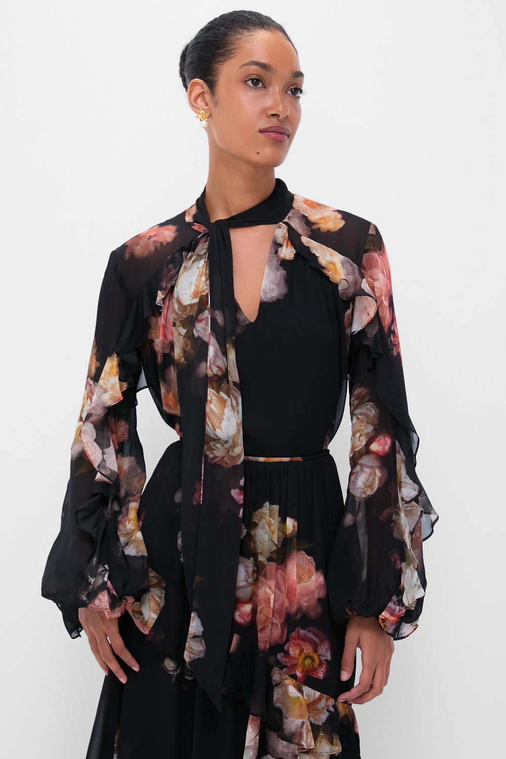 slim fit dress slacks Russet Floral Hypnotic Flutter Blouse