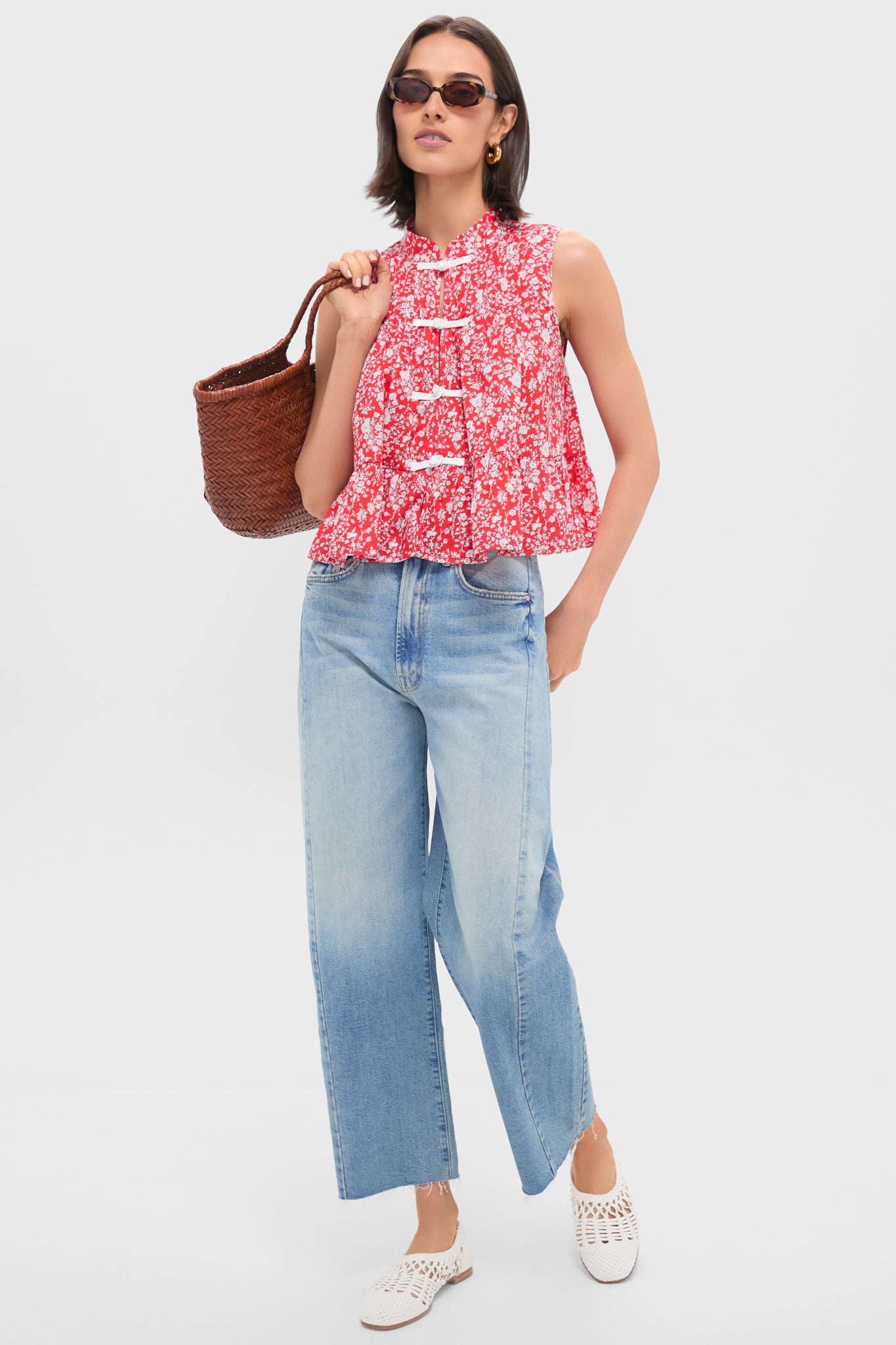 Red Lucille Liberty Print Knot Loop Tank Top