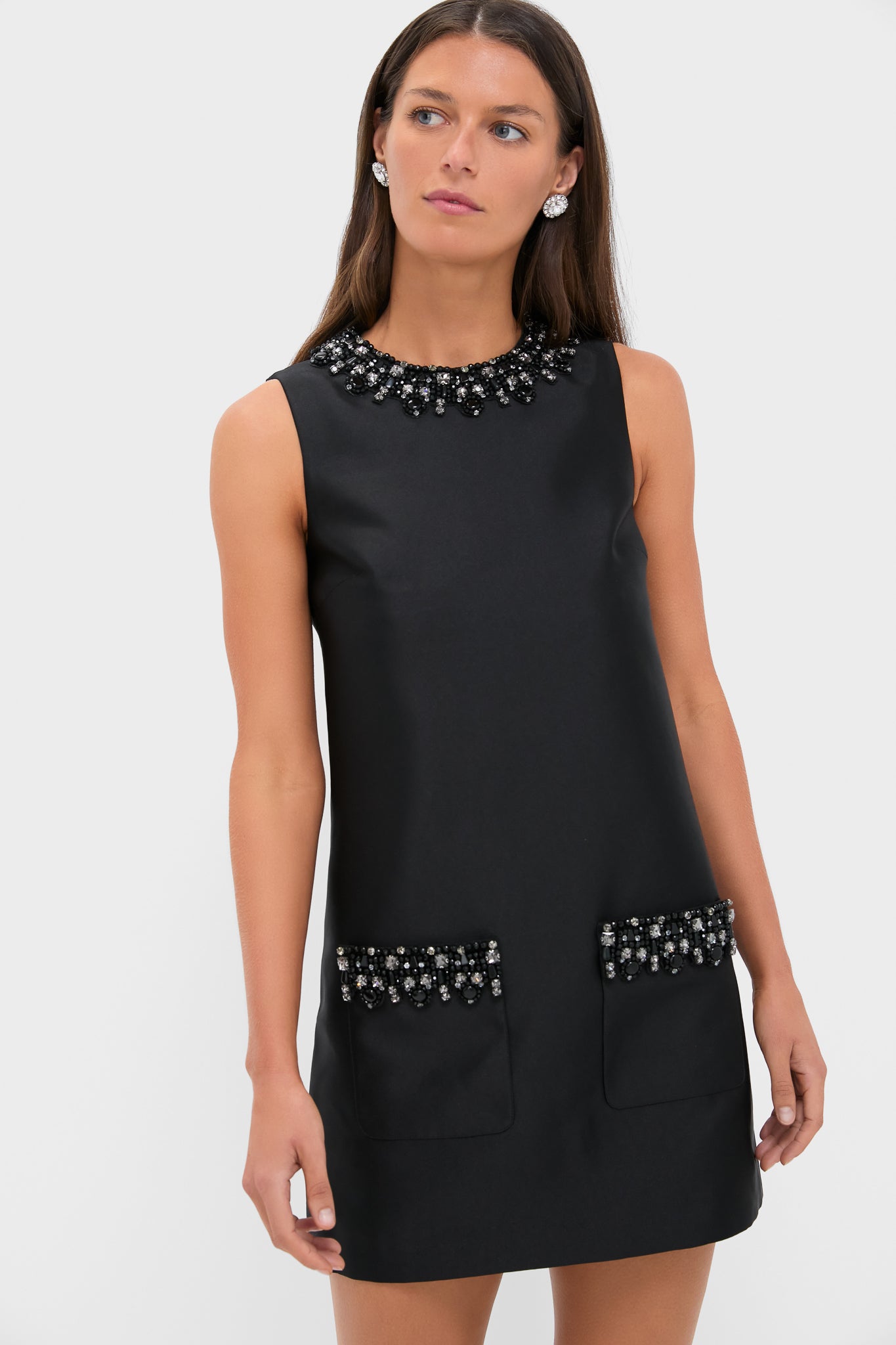 Black Taffeta Embellished Trim Mini Dress