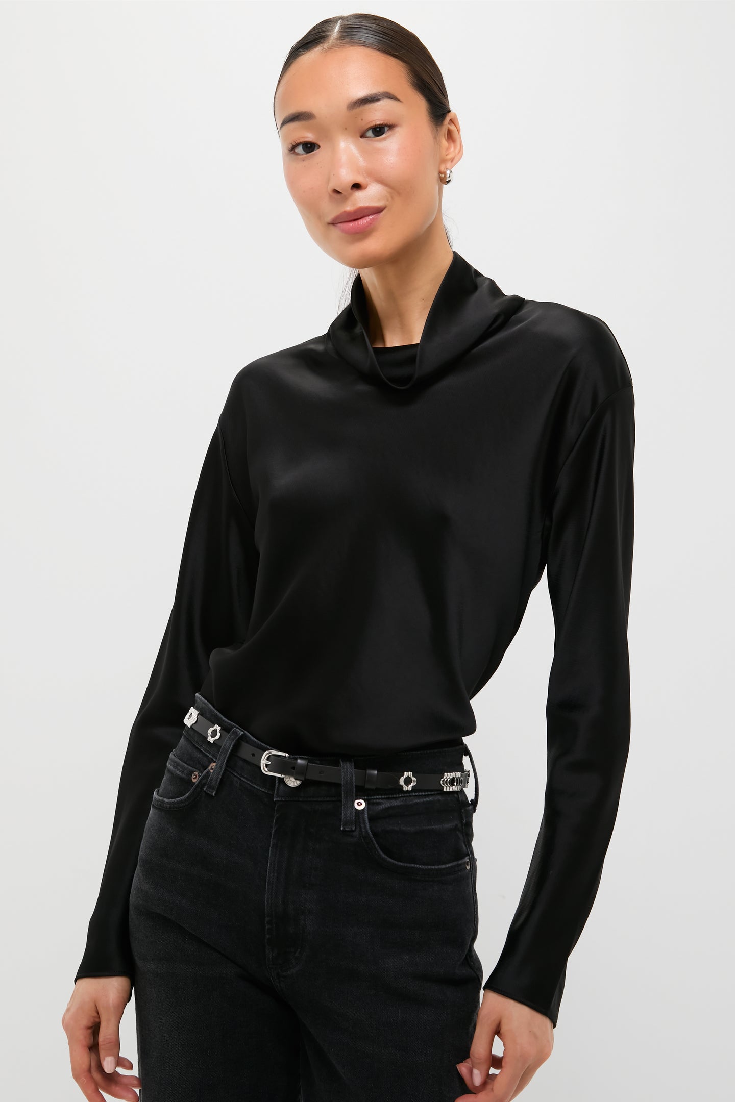 Black Barb Long Sleeve Cowl Neck Shirt