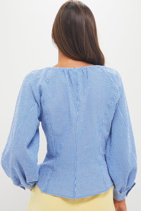 Blue and White Gingham Seersucker Quinn Blouse