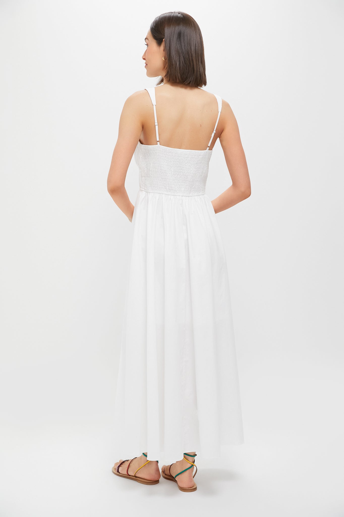 White V-Neck Pleated Midi Dress