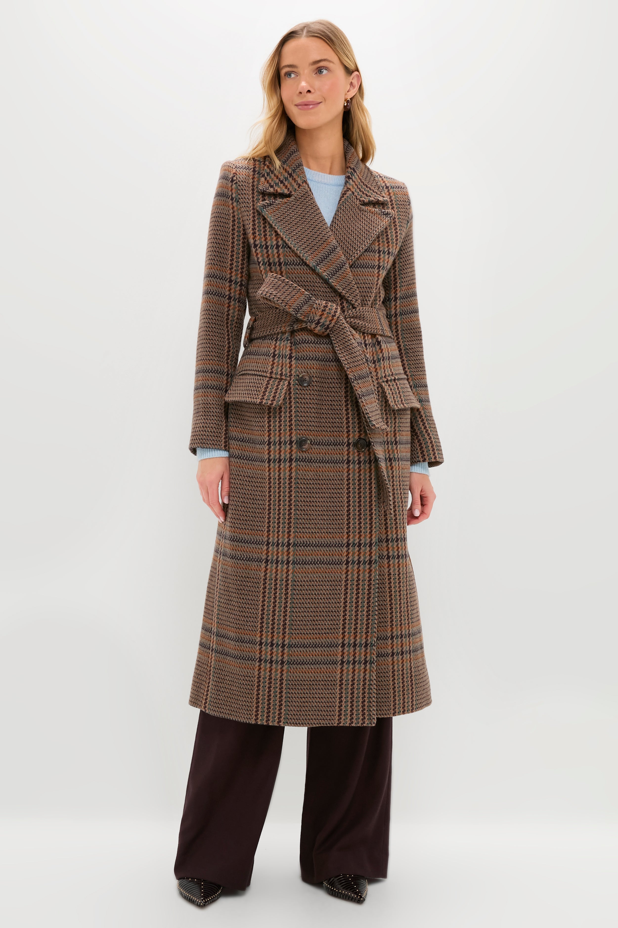 Brown Plaid Kolina Long Coat with Belt | L'AGENCE