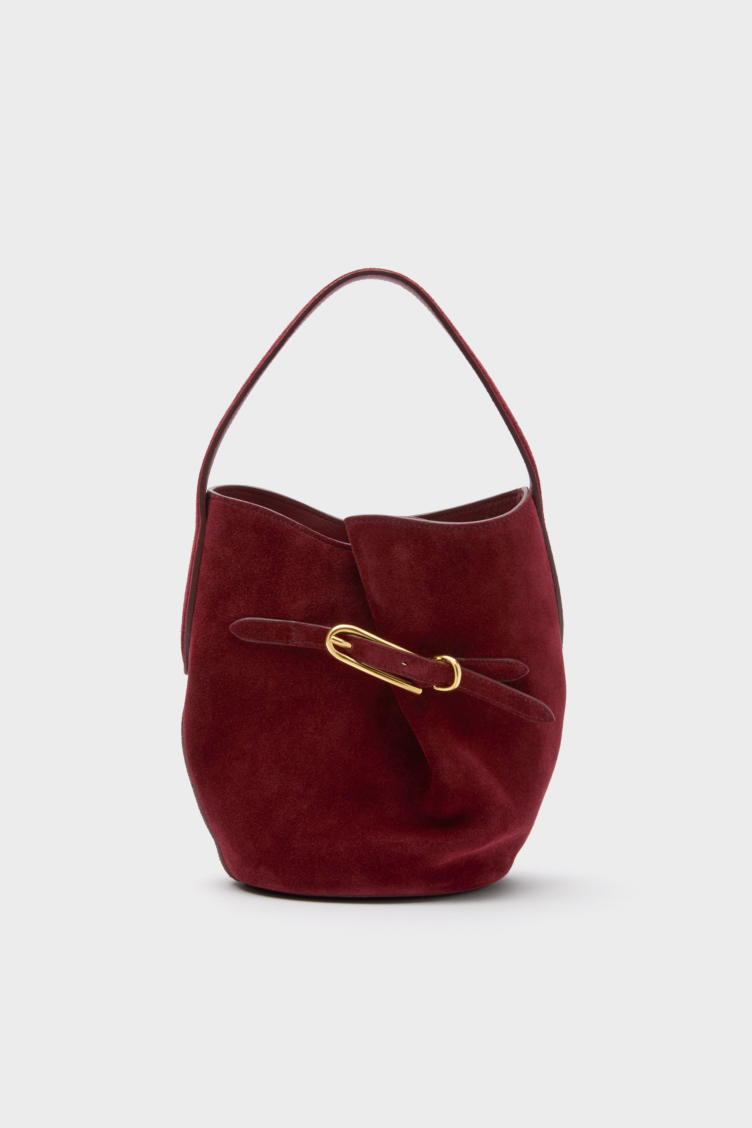 Maroon Suede Mini Belted Bucket Bag | Liffner