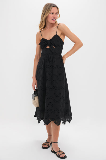 Black Eyelet Tie Front Sanibel Midi Dress