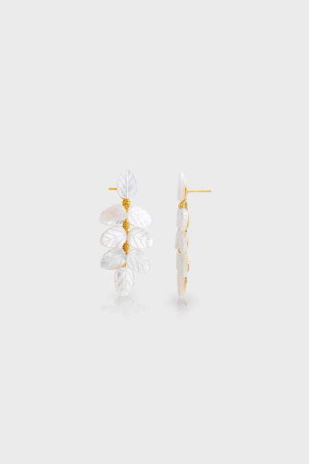 Mermaid Garden Vine Drop Earrings - MOP feature classic, hand-carved mother-of-pearl leaves and textured gold beads, creating an effortless, high-end, and fun accessory.