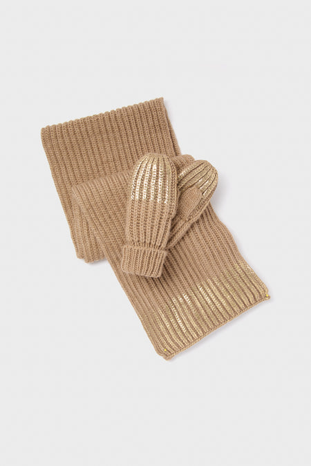 Gold Metallic Scarf and Mittens Set