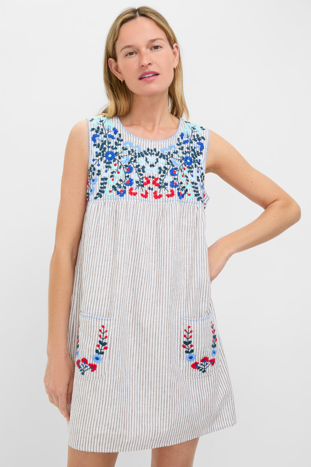 Tan Stripe Embroidered Linen Sunny Mini Dress | Tuckernuck Tan Stripe Embroidered Linen Sunny Mini Dress | Tuckernuck