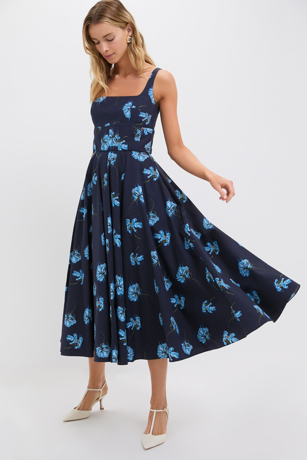 Blue Flowers on Navy Mona Midi Dress | Emilia Wickstead Blue Flowers on Navy Mona Midi Dress | Emilia Wickstead