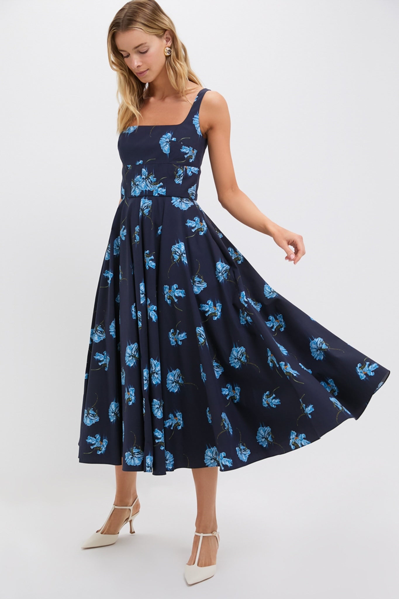 Blue Flowers on Navy Mona Midi Dress | Emilia Wickstead Blue Flowers on Navy Mona Midi Dress | Emilia Wickstead