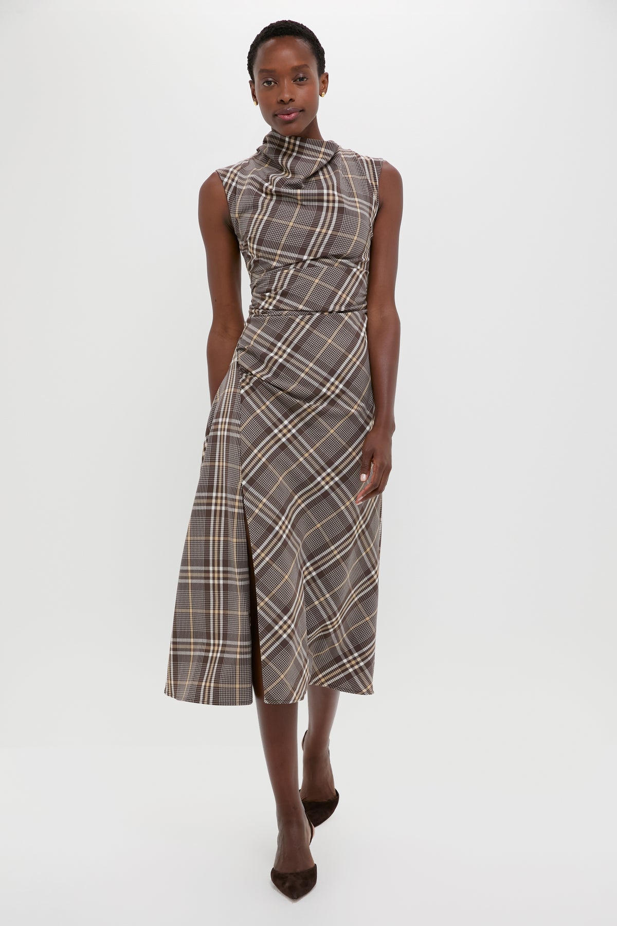 Chocolate Plaid Burke Sleeveless Draped Midi Dress | SIMKHAI Chocolate Plaid Burke Sleeveless Draped Midi Dress | SIMKHAI