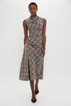 Chocolate Plaid Burke Sleeveless Draped Midi Dress