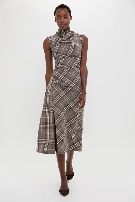 Chocolate Plaid Burke Sleeveless Draped Midi Dress