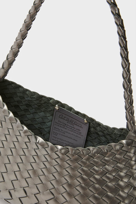 Covert Foil Rosanna Mini Croce: A classic woven leather tote with braided straps and open top, offering effortless day-to-night style. High-end craftsmanship for fun, versatile use.