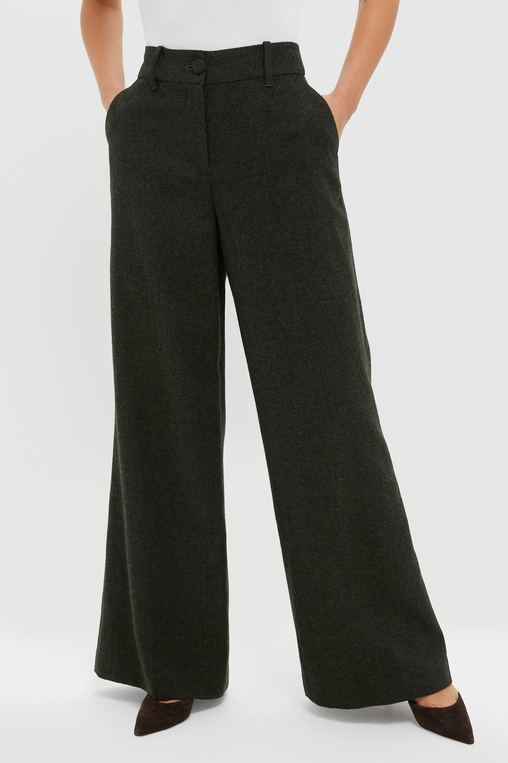 Hunter Green Tweed Herringbone Wide Leg Watson Trousers