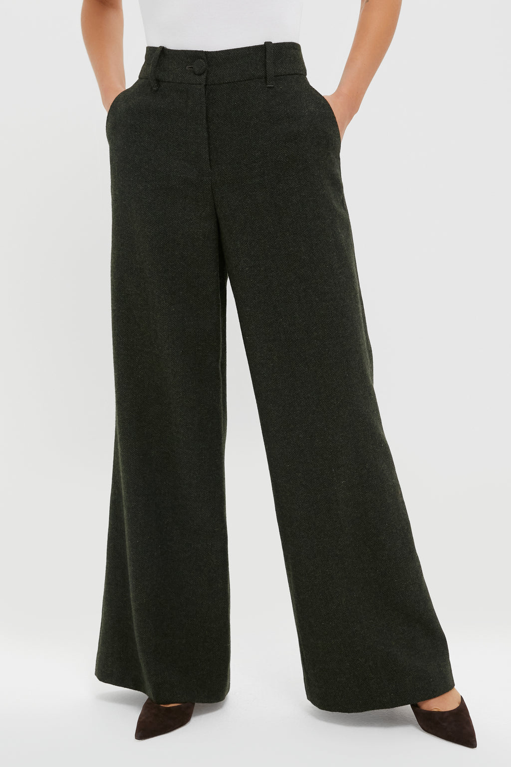 Hunter Green Tweed Herringbone Wide Leg Watson Trousers