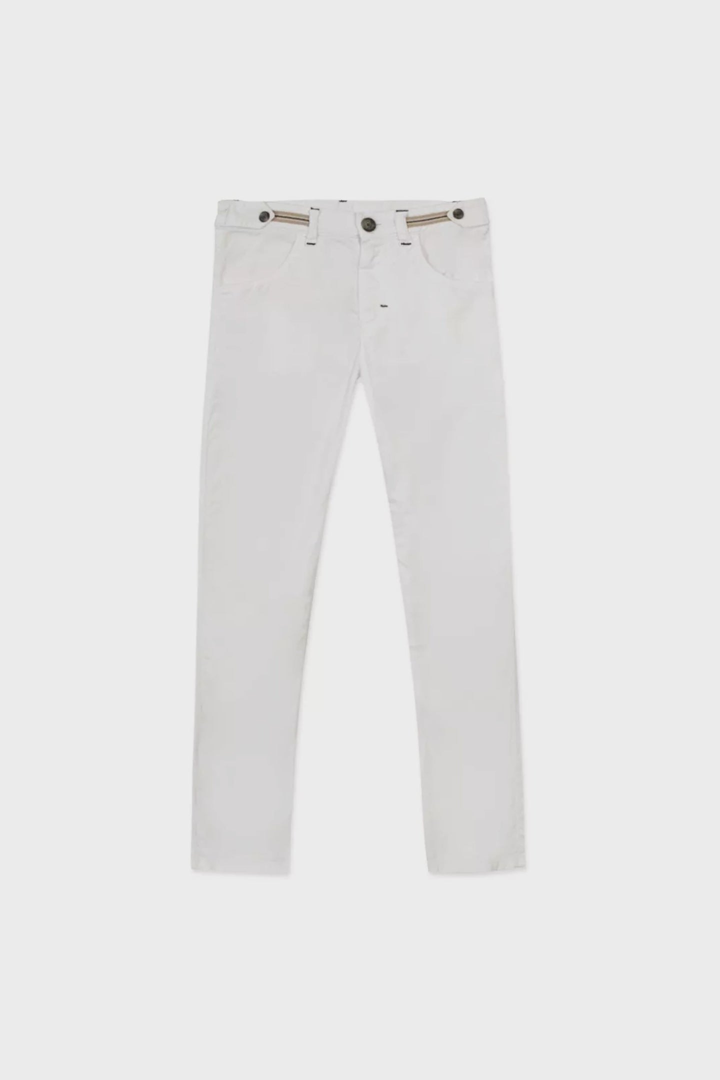 A pair of white slim-fit jeans by Tartine et Chocolat, featuring five pockets, button closure, and belt loops, inspired by French childrenswear.