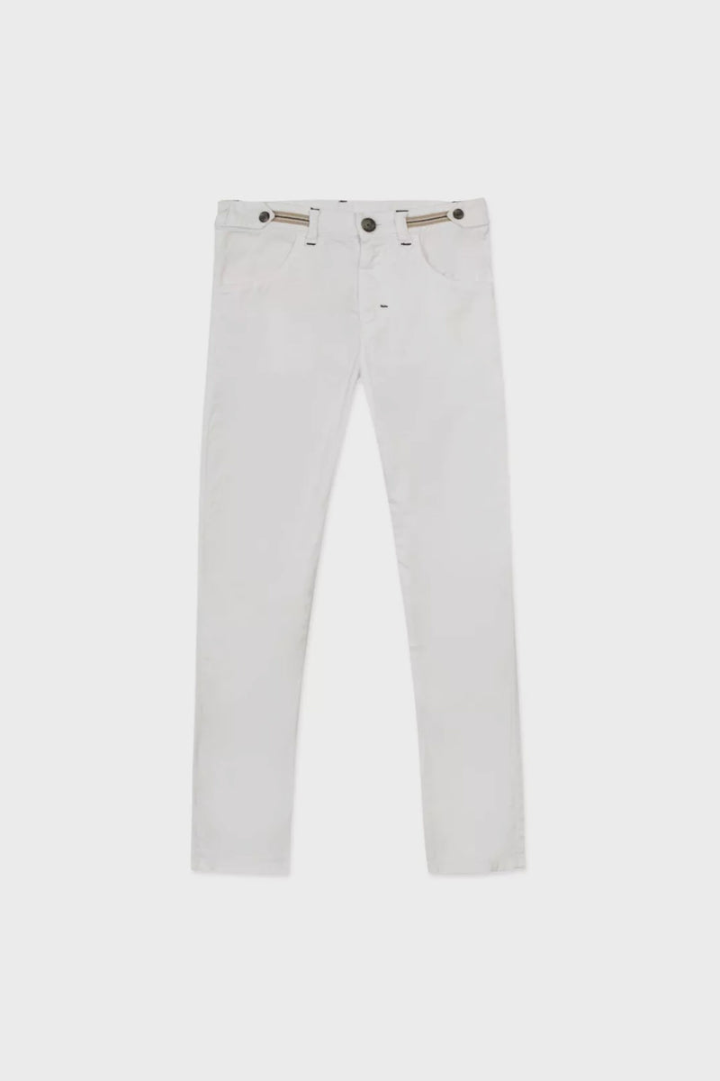 A pair of white slim-fit jeans by Tartine et Chocolat, featuring five pockets, button closure, and belt loops, inspired by French childrenswear.