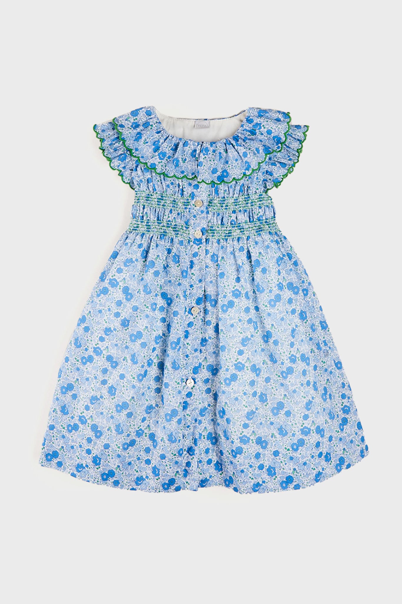 Olivia Floral Smocked Ruffle Collar Sleeveless Dress in Blue