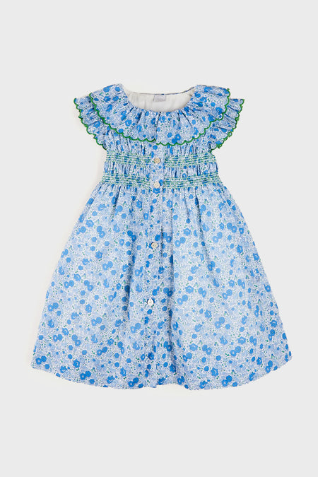 Olivia Floral Smocked Ruffle Collar Sleeveless Dress in Blue