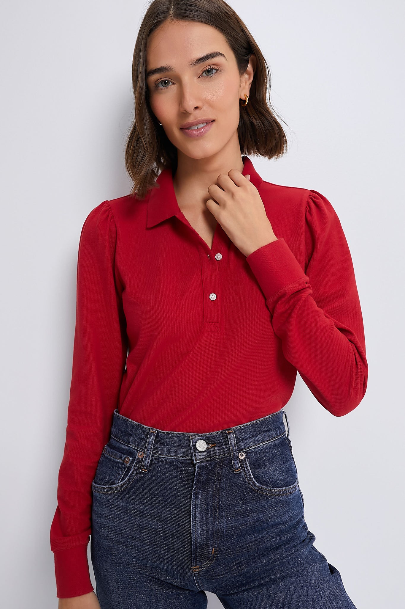 Red Long Sleeve Pique Puff Sleeve Peggy Polo