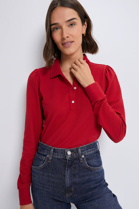 Red Long Sleeve Pique Puff Sleeve Peggy Polo