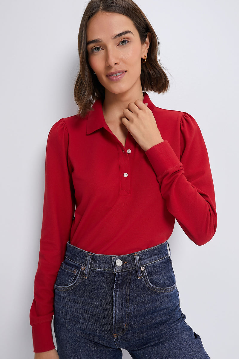 Red Long Sleeve Pique Puff Sleeve Peggy Polo